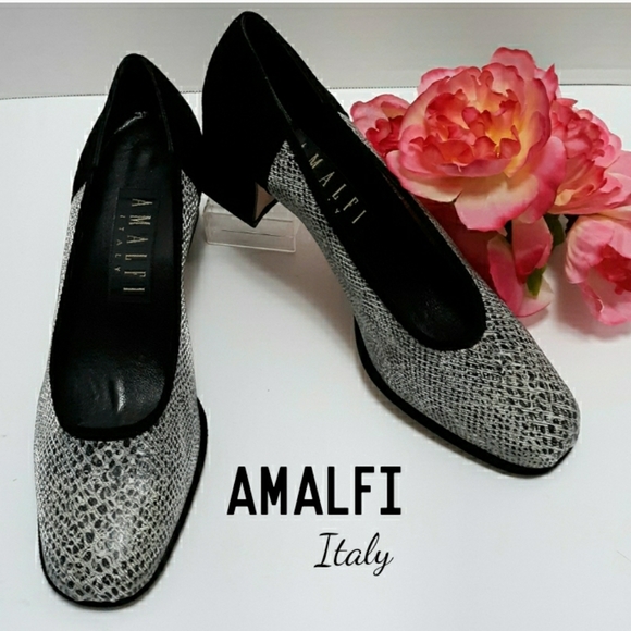 Amalfi Shoes - AMALFI black silver snake skin square heal shoes